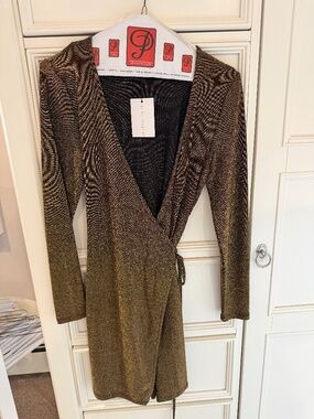 Glamourous Brand Metalic Gold Wrap Mini Dress, NWT Size 4